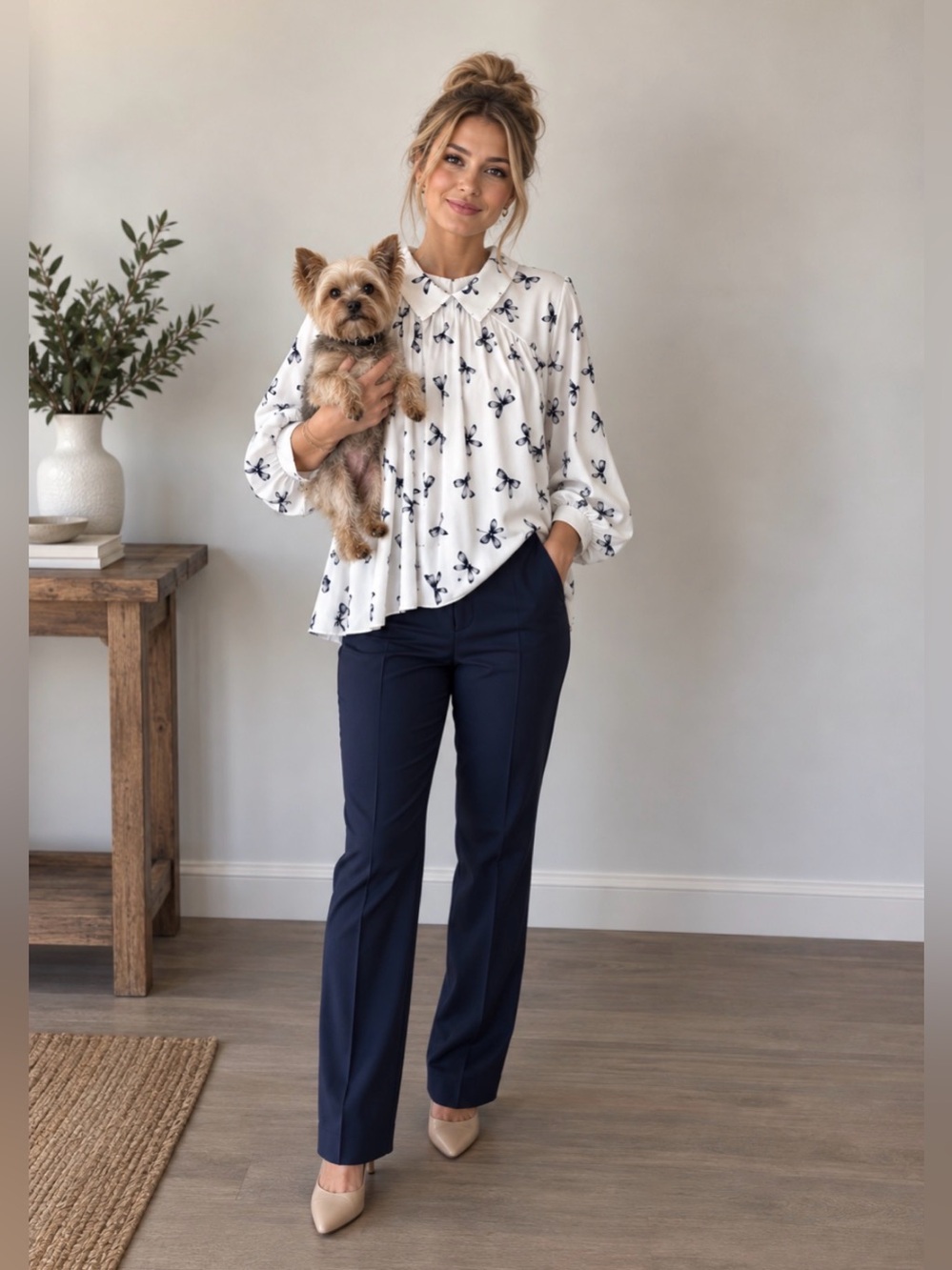 Bucket List White Navy Bow Print Tunic Blouse